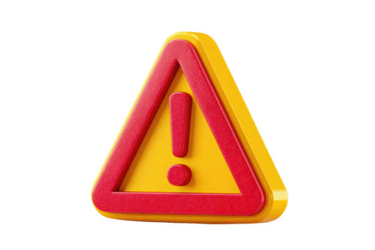 A vibrant 3D rendered yellow warning triangle with a bold red exclamation mark, signaling caution, danger, or important alert information. background removed