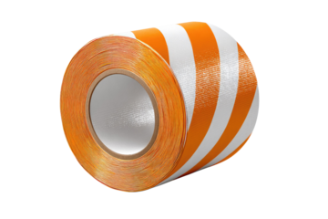 A roll of orange and white striped reflective safety tape, designed for hazard warning and high visibility applications, on a solid transparent background. background removed