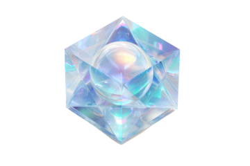 A stunning iridescent crystalline geometric shape, possibly a stellated octahedron, encasing a glowing sphere, set against a solid transparent background. background removed