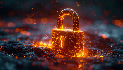 Cyber Security and Protection: A digital padlock, bathed in glowing embers, symbolizing security and protection in a high-tech world, standing for safeguarding vital data and privacy