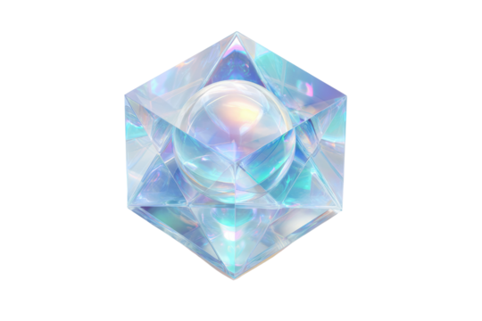 A stunning iridescent crystalline geometric shape, possibly a stellated octahedron, encasing a glowing sphere, set against a solid transparent background. background removed