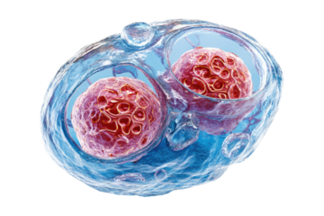 Two red cellular structures encased in a translucent blue membrane, possibly representing microbes, viruses, or dividing cells in a fluid environment. background removed