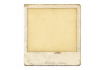 Vintage instant film print template with blank yellowing frame, retro aged border texture, transparent background