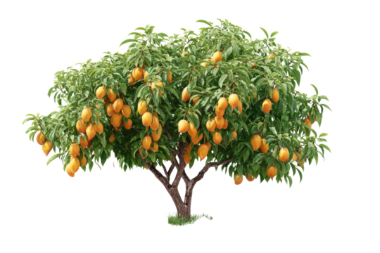 A lush mango tree, bearing numerous ripe, orange-yellow fruits amidst vibrant green leaves, stands isolated against a transparent background. background removed