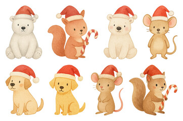 PNG Cute animals wearing Santa hats, element set on transparent background