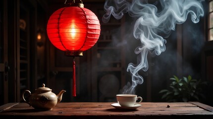 Red lantern glowing with steam rising from a tea cup on a rustic wooden table, cozy atmosphere concept for tea shops and hospitality businesses.