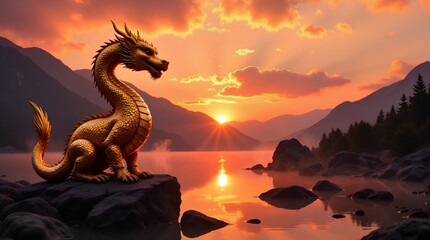 Golden dragon statue reflecting sunrise hues against mountain silhouette backdrop, serene and mystical concept for advertising banners