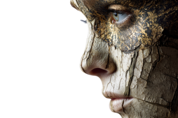 Close-up profile of a person with cracked, textured skin adorned with golden flakes around the eye, against a solid transparent background. background removed