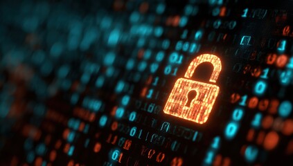 a digital background with binary code and a glowing padlock icon, symbolizing data security in cyberspace Generative AI