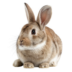 Obraz premium A charming, fluffy brown rabbit with dark eyes and long ears sits peacefully on a solid transparent background, facing forward. background removed