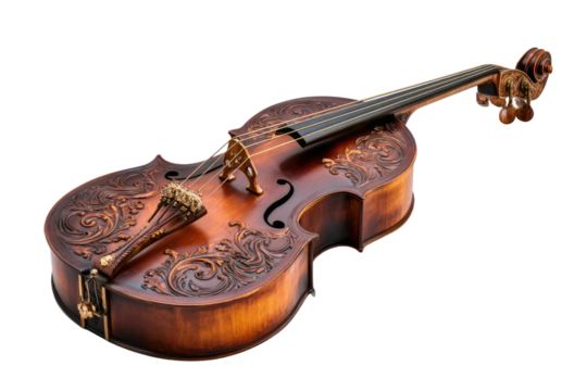 An exquisitely carved wooden string instrument, possibly a viola or violin, featuring intricate Baroque-style scrollwork and a rich finish. background removed