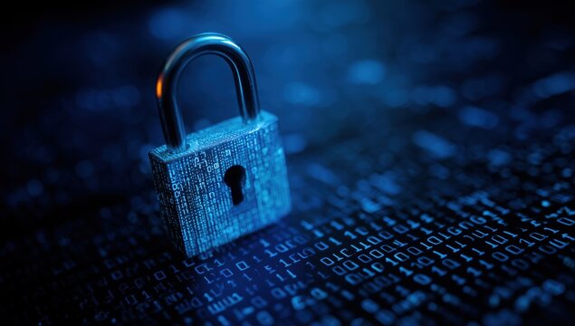 digital background featuring a digital padlock icon on a blue binary code, symbolizing data security and cyber protection for an online website banner design Generative AI - Powered by Adobe