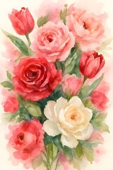 A dreamy blend of roses, peonies, and tulips in red, pink, and white