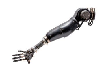 Detailed retro-futuristic prosthetic robotic arm in black and silver, showcasing intricate mechanical parts, gears, and articulated fingers, isolated on green. background removed