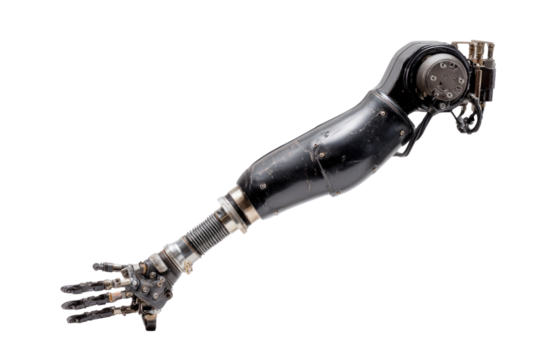 Detailed retro-futuristic prosthetic robotic arm in black and silver, showcasing intricate mechanical parts, gears, and articulated fingers, isolated on green. background removed