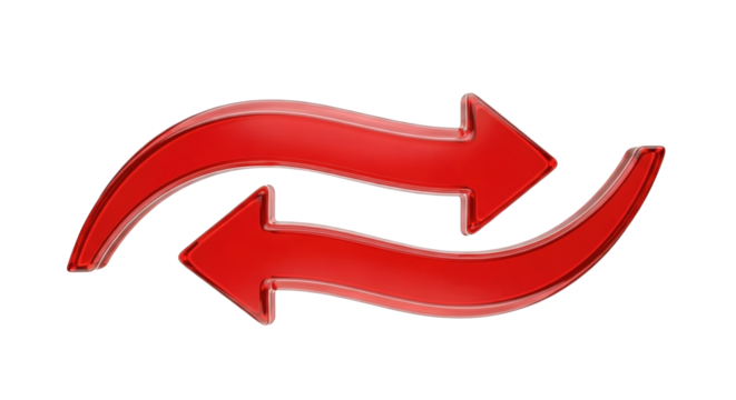 3D icon of two curved arrows in glossy translucent red, glassmorphism style, dynamic flow motion, isolated on transparent background