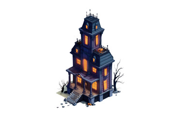 An isometric, stylized haunted mansion featuring glowing windows, spooky bare trees, and pumpkins, perfect for Halloween assets. background removed