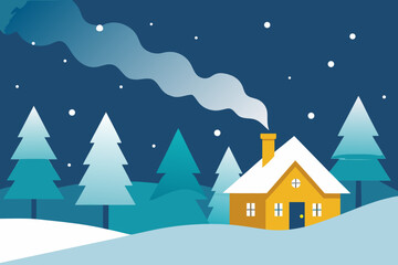 Fototapeta premium A charming cartoon winter landscape with a house and snow-covered trees on a cold Christmas night, perfect for a holiday card or illustration