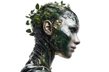 A futuristic cyborg woman merges with nature, showcasing metallic components intertwined with vibrant green foliage and organic textures, embodying ecotechnology. background removed