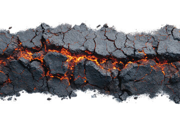 Volcanic fissure with glowing molten lava erupting from deep cracks in dark, rugged, broken ground on a transparent background. background removed