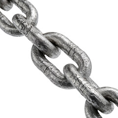 Close-up of a weathered, textured metal chain, showcasing individual links against a solid transparent background. Symbolizing strength and connection. background removed