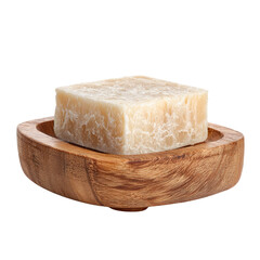 A square, light beige bar of artisanal soap rests on a round, rustic wooden soap dish against a simple transparent background. background removed