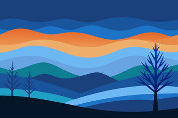 Vector illustration of a summer mountain landscape with blue sky, sun, and clouds