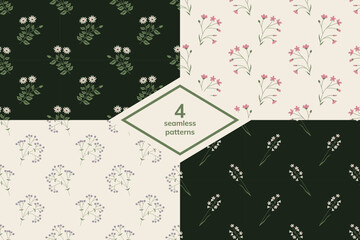 Seamless patterns set with white and pink flowers