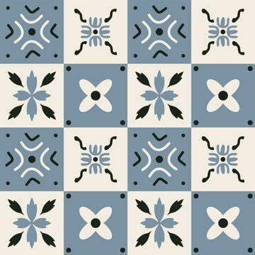 Seamless floral and geometric pattern in tile style