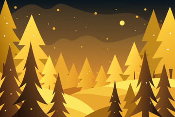 Vector illustration of a Christmas tree in a winter landscape with snow, stars, and a pine forest decoration card