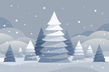 A snowy winter landscape with a Christmas tree illustration