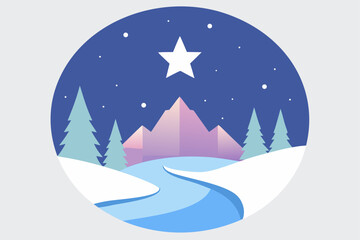 A charming cartoon vector illustration of a Christmas winter night landscape with snow, a decorated tree, and a glowing moon and stars in the sky