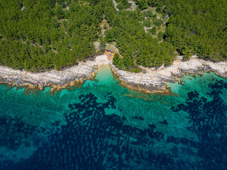 AERIAL: Layers of pale rock frame a tiny pebble cove where clear water shifts from emerald to deep blue. Pine trees crown the rugged shore, adding contrast to bright limestone along the coast of Hvar.
