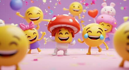 A vibrant and cheerful celebration with a group of happy emojis dancing and playing in confetti