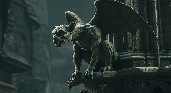 Gargoyle's Watch A Stone Guardian's Vigil in Gothic Architecture - A Dramatic Perspective - Powered by Adobe