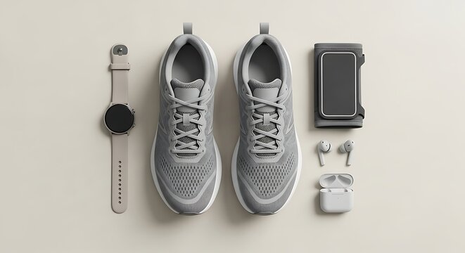 Running shoes, smartwatch, wireless earphones, and sports armband neatly arranged on light neutral background, modern fitness lifestyle flat lay, clean minimal aesthetic - Powered by Adobe