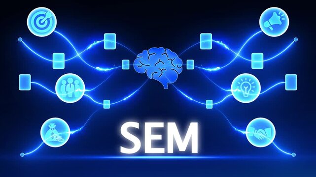 Search Engine Marketing concept with brain and connected icons on a dark blue background technology network
