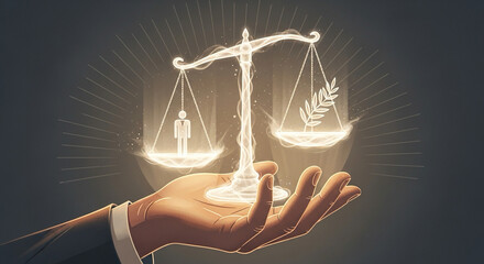 Illustration of hand holding glowing scale — symbol of human rights protection.

