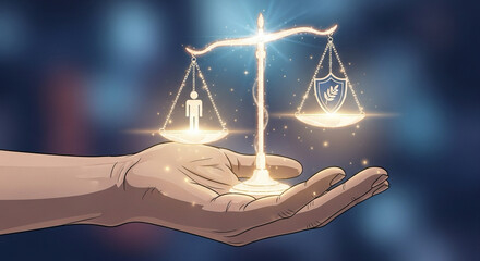 Illustration of hand holding glowing scale — symbol of human rights protection.
