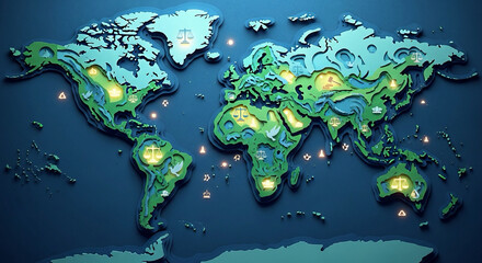 Paper cut world map with glowing justice icons — global human rights awareness.