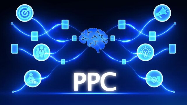 Digital marketing concept with PC text and interconnected icons representing strategy finance communication and ideas
