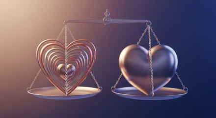 3D layered heart-shaped scales — justice with compassion.