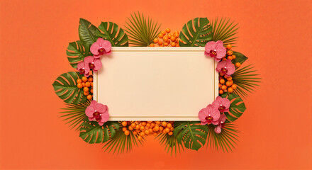 Vibrant tropical leaves and pink orchids framing a blank space against a bright orange background, cheerful concept of event planning or decoration