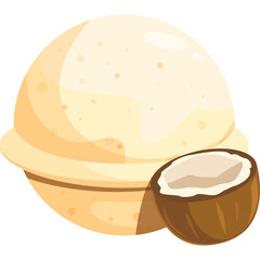 Creamy Vanilla Ice Cream Scoop Next To Half Coconut Isolated On White Background With Soft Lighting