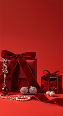 Elegant red holiday gift box with a luxurious ribbon, surrounded by sparkling jewelry pieces against a vibrant red background, festive concept of jewelry store or holiday gift shop