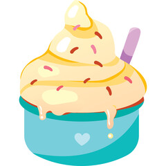 Creamy Vanilla Soft Serve Ice Cream in Blue Bowl with Rainbow Sprinkles and Purple Spoon with Transparent Background and Copy Space