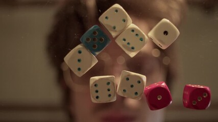 Exciting dice flight captured from low angle at a table perspective - Powered by Adobe