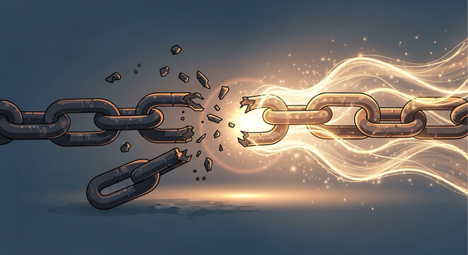 Flat vector broken chain transforming into a glowing light &mdash; truth overcoming injustice.