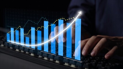 A visual representation of business analytics with graphs and charts showing upward trends, highlighting growth and data insights from a computer keyboard in a dark setting. Copula