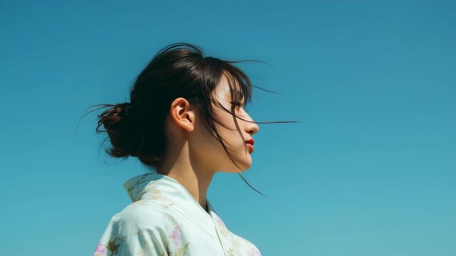 日本人女性が浴衣姿で青空に立つ